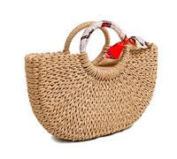 FARVALUE Grand sac fourre-tout en paille d'été fait à la main pour femme et écharpes en soie gratuites, kaki