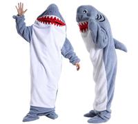 FARYODI Couverture à Capuche Requin avec ManchesM (140-155cm), Sac de Couchage Requin Flanelle avec Capuche, Couverture en Flanelle Requin Cadeau pour Soirées Pyjama Cartoon