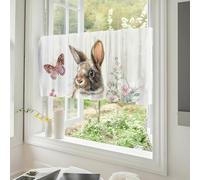 Fasbuy Joyeuses Pâques Rideaux Cuisine Court Brise-bise, 1 Pièce Translucide à Passe-Tringle Décoration Intérieur Café pour Portes Fenetre Chambre Petite Fenêtre (Lapin Gris,132x45cm)