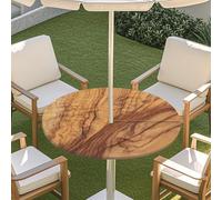 Fasbuy Nappe Ronde Exterieur avec Trou de Parasol, Grain de Bois Nappes Jardin avec Bord Élastique, Nappe Anti Tache Lavable, Protege Table pour Fête, Barbecue (Bois,M)