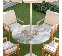 Fasbuy Nappe Ronde Exterieur avec Trou de Parasol, Marbre Imprimé Nappes Jardin avec Bord Élastique, Nappe Anti Tache Lavable, Protege Table pour Fête Barbecue (Gris,M)