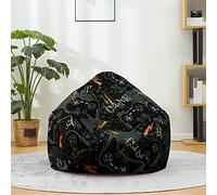 Fasbuy Pouf Poire sans Remplissage, Grande Pouf pour Enfant Adulte, Imprimé Manette de Jeu Housse Sac Haricots, Salon Chambre Rangement de Jouets Stockage (Noir,90x110cm)