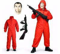 FASCHINFEVER Maison des Argent Ensemble 3 en 1 avec masque Dali, combinaison rouge unisexe, fusil gonflable pour Halloween, carnaval pour homme et femme (180-200 cm)