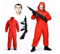 FASCHINFEVER Maison des Argent Ensemble 3 en 1 avec masque Dali, combinaison rouge unisexe, fusil gonflable pour Halloween, carnaval pour homme et femme (160-180 cm)