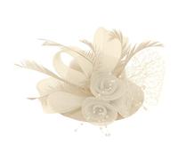 Fascinator Bibi en maille pour femme avec perle et plume - Chapeau sur un chapeau fourché - Pour cocktail, thé, fête (beige, taille unique)