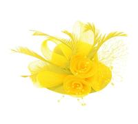 Fascinator Bibi en maille pour femme avec perle et plume sur une fourchette - Pour cocktail, thé, fête - Pour filles et femmes (jaune, taille unique)