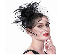 fascinator, Chapeau bibi for femme, en maille, avec rubans et plumes, serre-tête, pince à cheveux, for cocktail, thé, fête(Black)