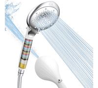 FASDUNT Pommeau de douche avec filtre contre le calcaire, 8 types de jets, haute pression, avec tuyau de 2 m, 20 couches, pour eau dure, chlore résiduel, métaux lourds, bactéries (blanc argenté)