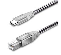 Fasgear Câble d'imprimante, câble de type C vers USB B 2.0, 1 paquet en nylon tressé pour imprimante, scanner avec connecteur en métal, compatible avec HP, Canon, clavier Midi(1.8 m, gris)
