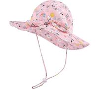 Fasheepfa Chapeau de soleil pour bébé fille - Protection solaire - Chapeau de plage à large bord avec sangle de menton réglable, fleurs roses, 2-5 ans