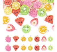 FASHEWELRY Lot de 42 pendentifs en résine en forme de tranche de fruit - Citron, fraise, orange, pastèque, kiwi - Breloques en forme de nourriture pour la fabrication de porte-clés, bracelets, bijoux