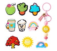 FASHEWELRY Lot de 9 perles en plastique PVC sur le thème de l'été, arc-en-ciel, noix de coco, soleil, arbre, cactus, perles hawaïennes, perles d'espacement amusantes pour la plage, les stylos, les