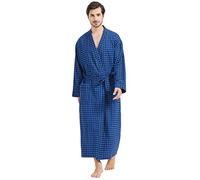 FashGudim Robe de chambre en flanelle de coton à carreaux de buffle pour homme avec col châle. Peignoir léger et long, pyjama, vêtement d'intérieur décontracté (Noir/Bleu, L/XL).