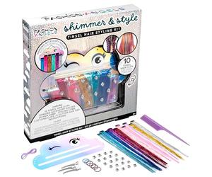 Fashion Angels Shimmer & Style Tinsel Hair Kit - Extensions de cheveux, gemmes capillaires, élastiques pailletés et accessoires - Ensemble de coiffage créatif pour préadolescentes et adolescentes