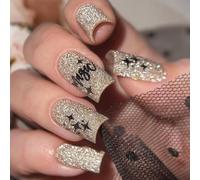 Fashion Artificial Nails Square Press On With Glitters Letter Designs Complets Couvertures Pour Les Femmes 24pcs Romance Nail Designs