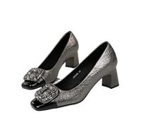 Fashion Banquet Thick Heel Women's Shoes Color-Blocked Square Toe Light Mouth Sparkling High Heels Single(5299-K83 Copper,37)