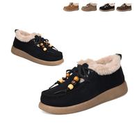 Fashion Beaded Lace Up Comfort Round Toe Warm Cotton Shoes Women's Suede Platform Loafers with Fur Lined Anti-Slip Soft Sole Daily Work Walking Shoes (Black,40)
