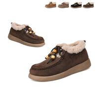 Fashion Beaded Lace Up Comfort Round Toe Warm Cotton Shoes Women's Suede Platform Loafers with Fur Lined Anti-Slip Soft Sole Daily Work Walking Shoes (Coffee,36)