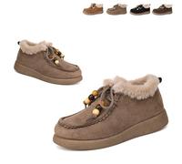 Fashion Beaded Lace Up Comfort Round Toe Warm Cotton Shoes Women's Suede Platform Loafers with Fur Lined Anti-Slip Soft Sole Daily Work Walking Shoes (Khaki,40)