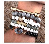 Fashion Boho Bangle Set Stack Set for Natural Stone and Crystal Beads Bohemian Jewelry Gift Pink 18.5cm