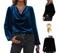 Fashion Cowl Neck Drape Ruched Front Blouses Tops,Womens Velvet Top Casual Long Sleeve Shirts,Evening Party Pullover T Shirt (FR/ES, Alpha/Lettres, L, Taille Normale, Taille Normale, Navy Blue)