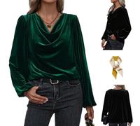 Fashion Cowl Neck Drape Ruched Front Blouses Tops,Womens Velvet Top Casual Long Sleeve Shirts,Evening Party Pullover T Shirt (FR/ES, Alpha/Lettres, L, Taille Normale, Taille Normale, Green)