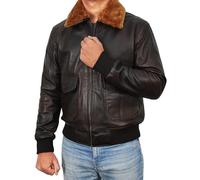 Fashion_First Blouson aviateur noir en peau de mouton pour homme - Veste noire à col en fausse fourrure pour homme, G-1 Peau de mouton marron, M