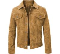 Fashion_First Veste de camionneur en daim pour homme - Style western Cowboy en cuir véritable, marron, XL