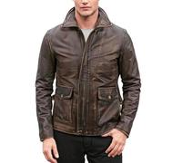 Fashion_First Veste de motard en cuir véritable pour homme - Veste vintage en cuir marron, D3) Marron vieilli, M