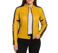 Fashion_First Veste de motard jaune en similicuir pour femme - Veste de course en cuir pour femme - Costume de cosplay jaune