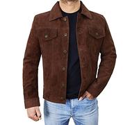 Fashion_First Veste en cuir de daim pour homme - Veste de camionneur de style Western, en cuir véritable de cowboy, marron foncé, XS