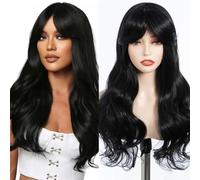 FASHION IDOL Longue perruque Big Wave avec une frange naturelle pour les femmes 55CM corps cheveux Glueless résistant à la chaleur synthétique porter et aller perruque