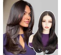 FASHION IDOL perruque à frange pour femmes Postiche à plusieurs niveaux avec une frange ondulée vers l'intérieur qui met en valeur les traits du visage Sans colle pour un usage quotidien