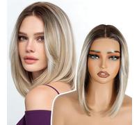 FASHION IDOL Perruque courte à coupe carrée droite avec front en dentelle pour femmes avec une frange peignée vers l'avant Met en valeur les contours du visage Sans colle pour un usage quotidien.