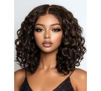 FASHION IDOL Perruque courte bouclée en cheveux humains pour femme - Pour porter et marcher - Deep Wave - Dentelle frontale - Partie C - Perruque Shouder Lenth pré-plumée avec cheveux de (M-Marron)