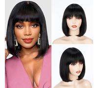 FASHION IDOL Perruque de cheveux humains avec frange pour femmes noires, cheveux courts et raides, 30 cm, noir naturel, sans colle, perruques bob courtes fabriquées à la machine