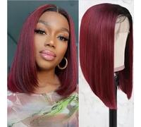 FASHION IDOL Perruque de cheveux humains brésiliens vierges pré-épilés de 30,5 cm pour femme sans colle avec partie en T HD - Cheveux humains brésiliens vierges ombrés rouge vin