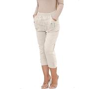 Fashion Mark Pantacourt 3/4 uni pour femme, 2 poches latérales, coupe élastique, taille haute, pantalon d'été uni, stone, 48