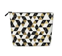 Fashion Modern Black White Gold Triangles Portable Cosmetic Case Faux Chanvre, Grande trousse de maquillage résistante à l'eau Trousse de toilette de voyage