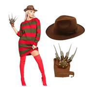 FASHION OASIS Freddy Horror Krueger Style Ladies Costume Red Striped Jumper AND Hat Halloween Fancy Dress Sizes SMALL/MEDIUM, MEDIUM/LARGE, LARGE/XLARGE & XXL (XXL (Chest size 48 inches), FREDDY KRUEGER)