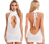 WEITING Fashion Sexy Womens Lace-up Backless Virgin Killer Pull Dress Col Roulé Ouvert Poitrine Creux Tricoté Mini Robes Clubwear-Blanc,Taille Unique
