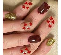 Fashion Short Square Thanksgiving Press On Stakes With Maple Leaves Designs Artificial Nails Stick On Nails 24Pcs Rose Fall Hoofs For Parties