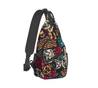 Fashion Sling Backpack, Daypack, Crown Skull Dice Keys Diamond Red Rose Skull Pattern Crossbody Chest Rucksack, Tote Bags, Gym Bags Sack Daypack Outdoor Backpack for Man Women Lady