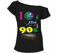 Fashion Sports Dude I Love 90s T-shirt rétro pour femme Motif pop étoiles, Ballon terrestre années 90 noir, 44/46 FR