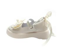 Fashion Sweet Pearls Bowknot Lolita Shoes Women Heart Buckle Thick Bottom Mary Jans Woman Pu Leather Platform Jk Shoes Mujer, beige, 36 EU