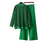 Fashion Two-Piece Set: Long Sleeve Round Neck Loose Jacquard Knitted Sweater & High Waist Slimming Wide-Leg Pants(Green)