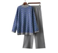 Fashion Two-Piece Set: Long Sleeve Round Neck Loose Jacquard Knitted Sweater & High Waist Slimming Wide-Leg Pants(Blue)