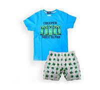 Fashion UK Pyjama Minecraft été Primaverile Modèle Équerre Creeper T-shirt Bleu Gris Coton Produit officiel Taille enfant (12 ans - 152 cm)