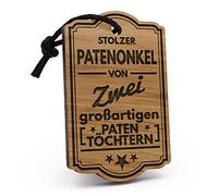 Fashionalarm Porte-clés avec inscription « Stolzer Parrain » - 2 filleules - En bois - Avec gravure - Idée cadeau pour parrain, anniversaire, baptême, naissance, marron, Voir description