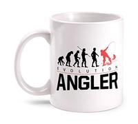Fashionalarm Tasse Evolution Angler - Imprimée des deux côtés avec inscription en allemand | Idée de cadeau amusante pour hommes pêcheurs, bateau, pêche, blanche, 330 ml